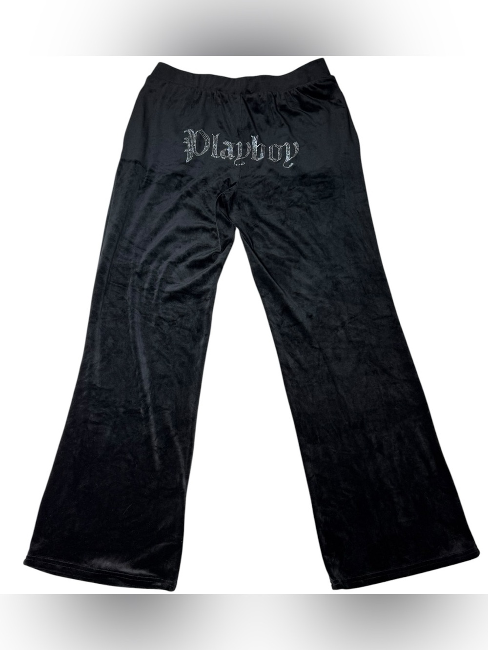 Playboy Black Velour Wide Leg Lounge Pants Rhinestone Logo XL Y2K